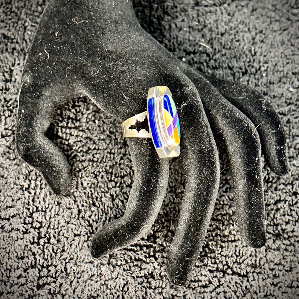 Southwestern Sterling Silver & 14K Gold Multi-Stone Inlay Ring-item#0008